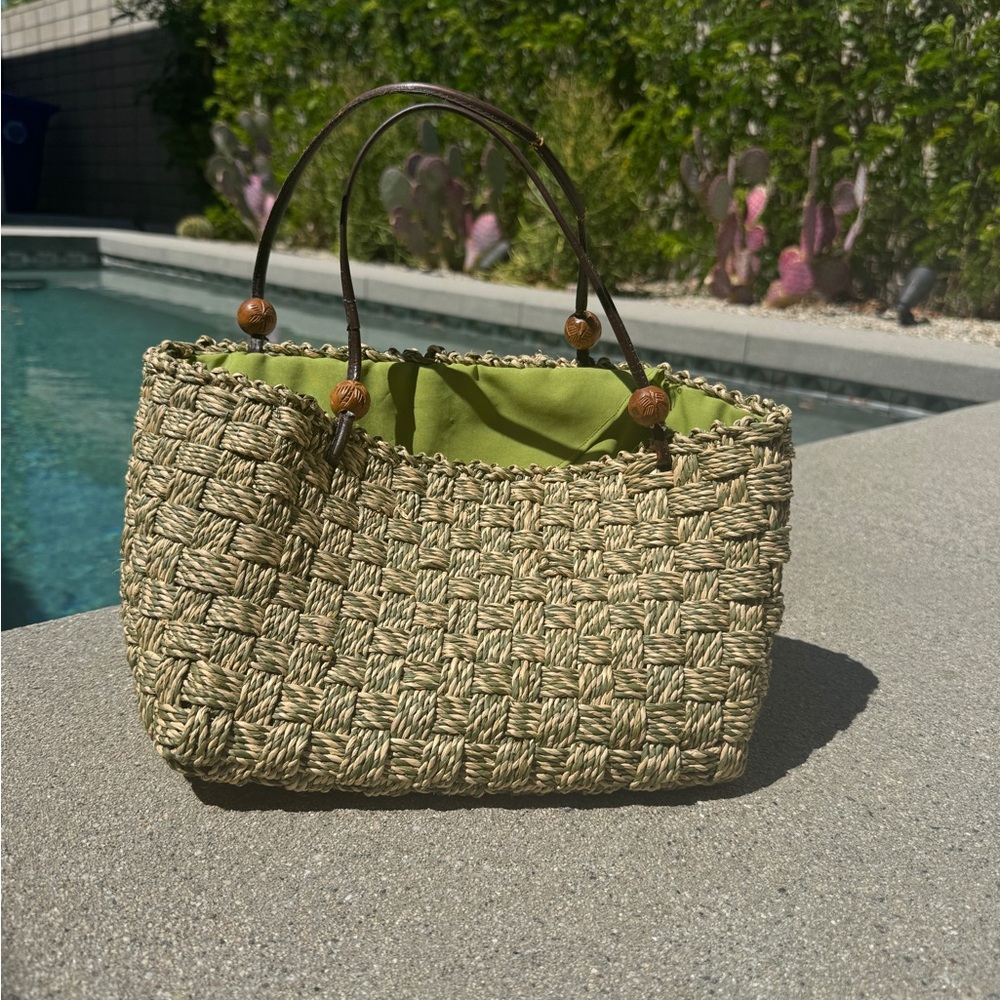 Woven Hawaiian little shoulder bag - tropical beach vacation vibes - green & tan